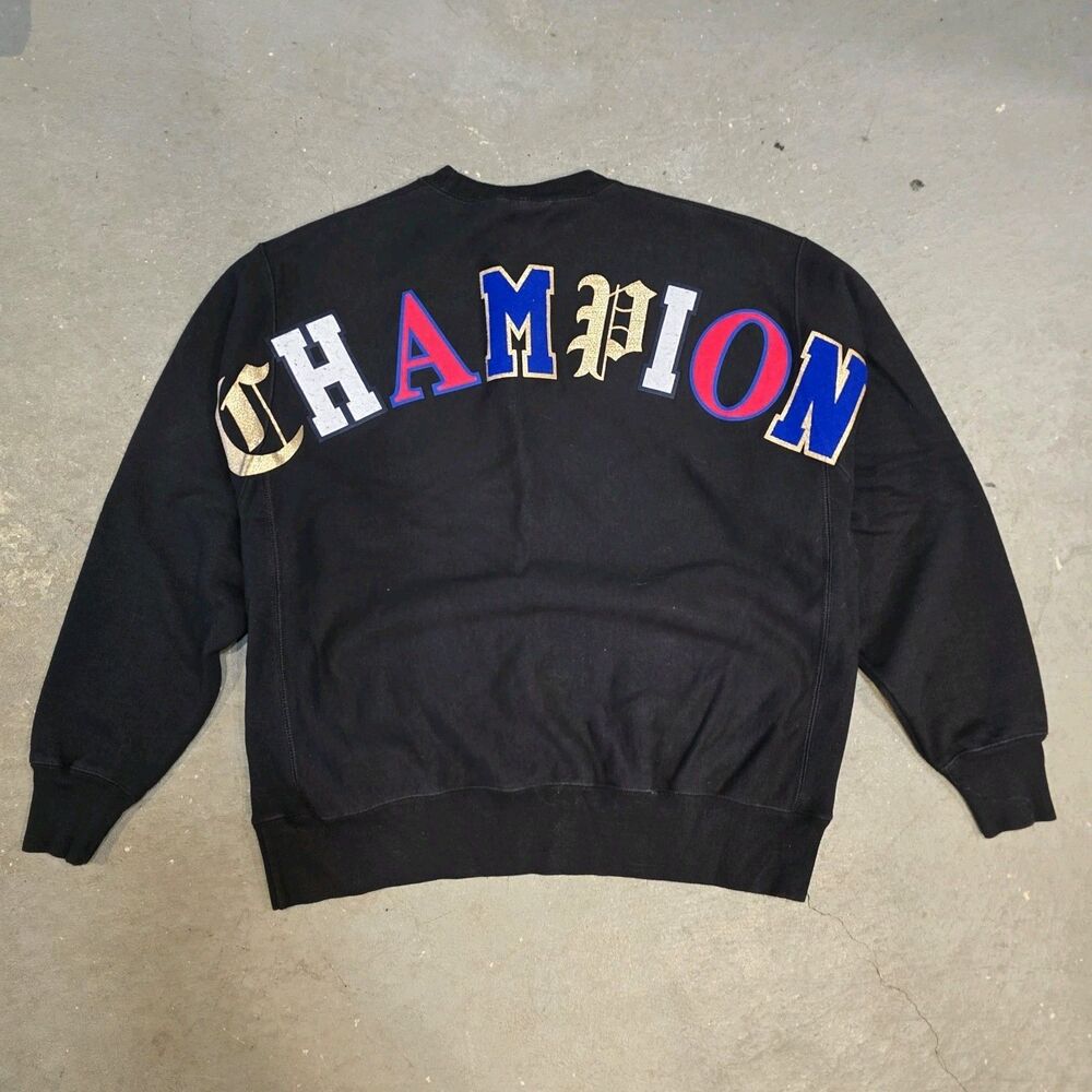 Vuntage Champion Reverse Weave Hoodie Old English” Black  Pullover SIZE "LG"